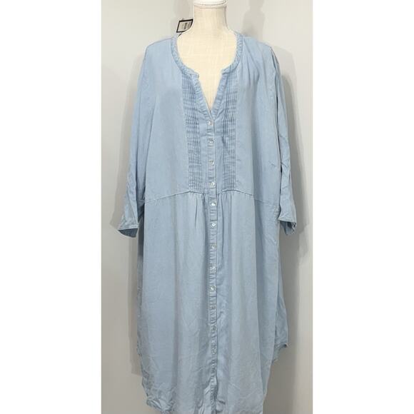 NEW Avenue Women Dress 26/28 Blue Lyocell 3/4 Sleeve Pintuck Shirt Knee Length - Picture 1 of 3